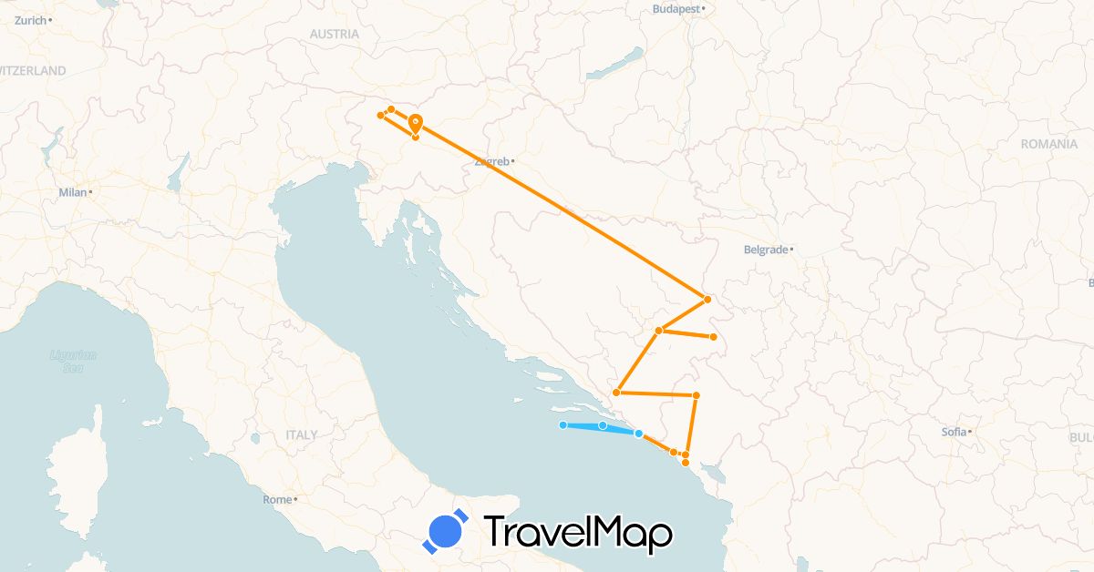 TravelMap itinerary: boat, hitchhiking in Bosnia and Herzegovina, Croatia, Montenegro, Slovenia (Europe)